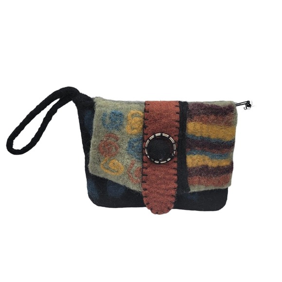 Rising Tide Black Brown Blue Felted Wool Wristlet Purse - Picture 1 of 11